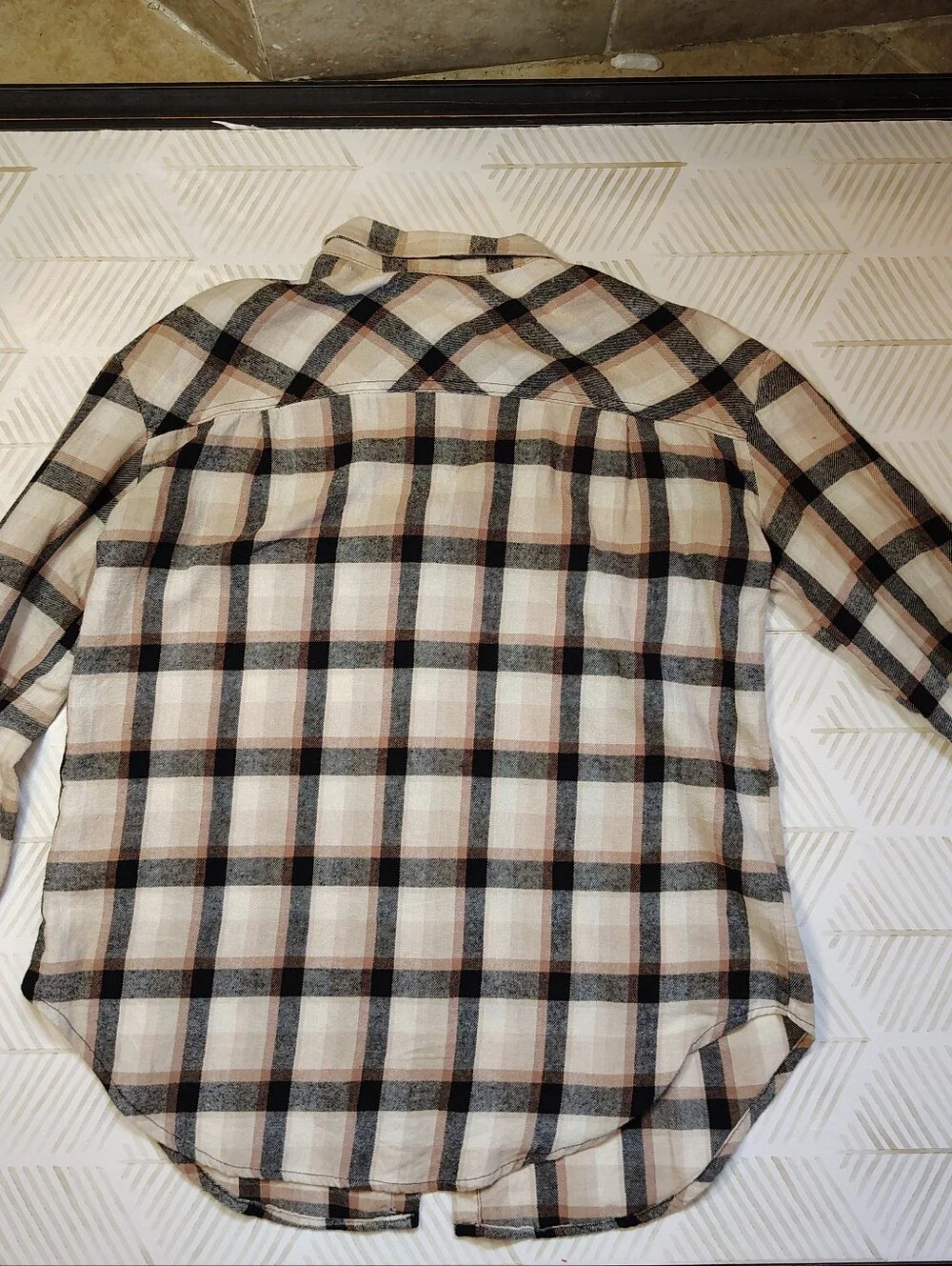 Love Notes Beige and Black‎ Plaid Button-Down Shirt